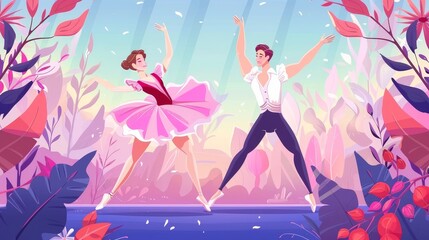 Landing page for ballet landing page featuring ballerina and dancer man on stage. Online ticket booking service, pair of artists on scene, modern web banner for choreography event promotion.