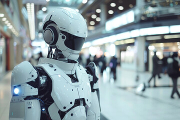 Fototapeta premium Robot in real life outdoors with public