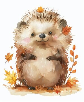 Little funny hedgehog autumn orange leaves falling. watercolor art illustration