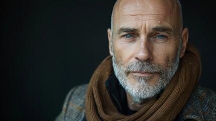 Obraz premium Successfull well-dressed mature bald businessman posing for camera wearing stylish mustard color velvet coat and scarf