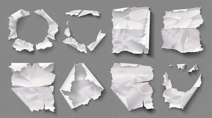 Isolated set of torn paper sheets isolated on grey background. Modern illustration showing ripped white pages with uneven textures. - obrazy, fototapety, plakaty