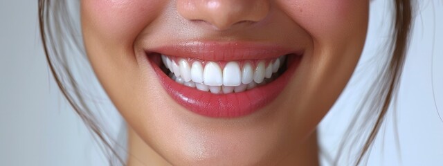 A joyful woman with good teeth is shown in close-up.