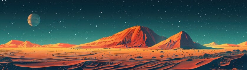 An illustration of a desert planet with two large mountains in the center and a moon in the top left corner. The planet is mostly red with some yellow and orange hues. The sky is dark blue with many s