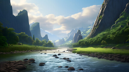 A tranquil river meandering through a lush valley with towering cliffs on either side. - Powered by Adobe