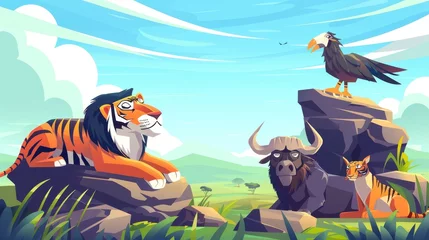 Poster Cartoon African wild animals on a savannah background. Sketch illustration showing tigers hunting, griffons sitting on rocks and buffaloes in a natural environment or safari park. Exotic zoo © Mark