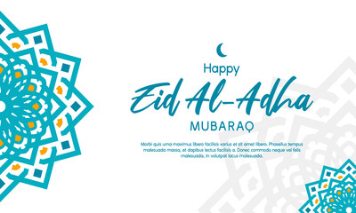 happy eid adha mubarak banner design with blue arabesque pattern