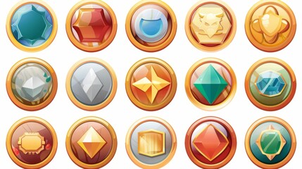 Cartoon image of unfilled gold, silver, bronze, stone, glass and wooden badges or coins. Set of isolated award, reward or bonus graphic elements isolated moderns.