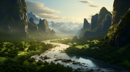 A tranquil river meandering through a lush valley with towering cliffs on either side. - obrazy, fototapety, plakaty