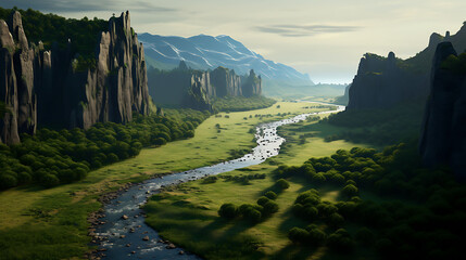 A tranquil river meandering through a lush valley with towering cliffs on either side.