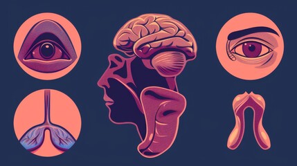 Five human senses represented as icons: vision (eye), smell (nose), hearing (ear), touch (hand), and taste (mouth with tongue). Simple line icons and color circles, modern illustration. - obrazy, fototapety, plakaty