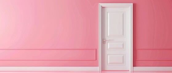 A door and wall are displayed against a pink background in a 3D rendering. A minimal concept.