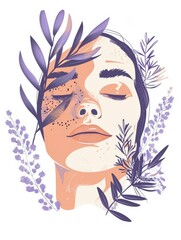 A white and lavender artwork of a woman's face with her eyes closed and surrounded by plants.