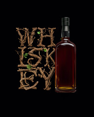 The word Whiskey textured with oak branches. Creative lettering. Whisky advertising poster