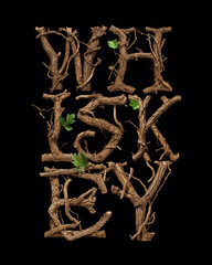 The word Whiskey textured with oak branches. Creative lettering. Whisky advertising poster