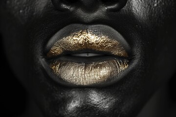 Black and white closeup shot of an African American man face with metallic gold lips, showcasing the intricate details of his eye, eyelash, iris, and jaw, shooting a portrait for a fashion magazine