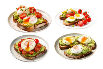 Set of healthy breakfast with whole wheat toast,mashed avocado,tomato and egg boiled on plate isolated on transparent background.