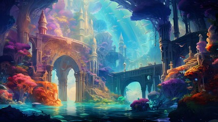 Digital painting of a fantasy scene with a mosque in the middle.