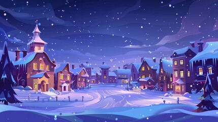 Naklejka premium A cartoon snow night city illustration showing the exterior of a townhouse and the road. A panorama view of a dark street building. A scene of a town district in Sweden. Cartoon snow night city