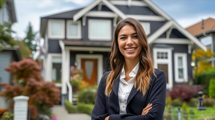 A smiling woman in front of a house. - Powered by Adobe