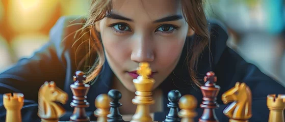 Foto op Plexiglas Strategic Businesswoman Seizes Victory in Chess Duel. Concept Chess strategy, Victory, Business success, Triumph, Decision-making © Anastasiia