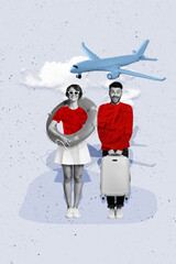 Vertical collage picture young couple partners man woman valise vacation resort passenger airplane...