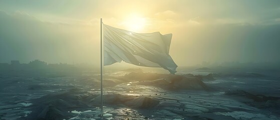 Peace Dawning Over Ruins: White Flag Herald. Concept History, Symbolism, Surrender, Conflict Resolution, Hope - obrazy, fototapety, plakaty
