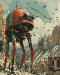 A steampunk cyborg battling a swarm of robotic insects in a post-apocalyptic landscape, contemporary art collage style, classic illustration of a 50s era, vintage & pop background, wallpaper, poster
