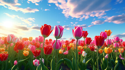 A vibrant field of tulips stretching toward the horizon under a clear blue sky.
