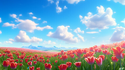 A vibrant field of tulips stretching toward the horizon under a clear blue sky.