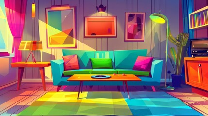 Modern illustration of 1980s apartment with vintage couch and color cushions, a floor lamp, and old vinyl record player on wooden table. A cozy place to relax.