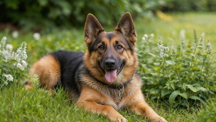 German shepherd dog happily relaxing on the grass.