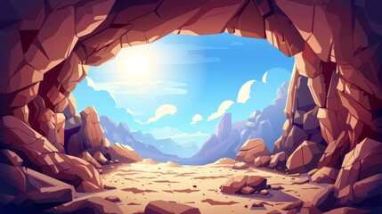 Exit of ancient mountain cave lit by bright sunlight. Illustration of rocky landscape with huge stones, shadows on sand, blue skies with clouds. To the right is a tunnel in the cliff that leads to