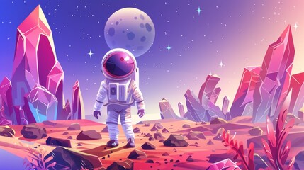 teen boy with spacesuit and helmet exploring red Mars landscape, minerals crystals, rocky stones, many stars on sky. Modern illustration. - obrazy, fototapety, plakaty