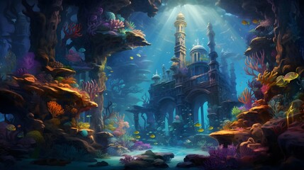Fototapeta na wymiar Fantasy landscape of the underwater world with a lighthouse and a ship