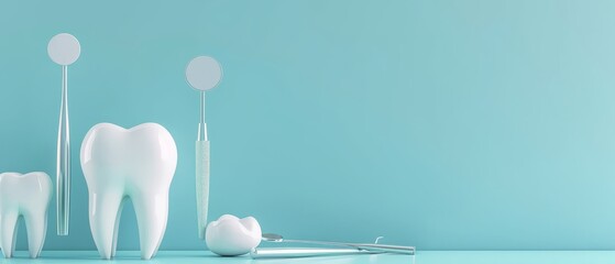 The dentist's tools and teeth are rendered in 3D on a pastel blue background.
