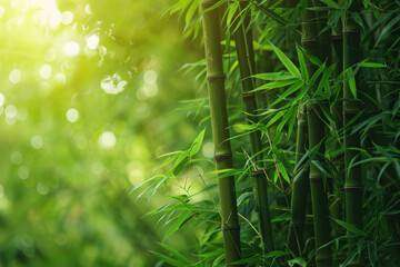 beautiful green trunk bamboo forest background with sunlight and bokeh. nature landscape with copy space for design