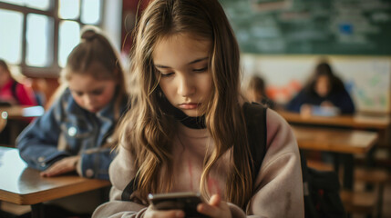Primary or elementary schoolgirl wearing a backpack, sitting in a classroom and looking at the smartphone. Female kid or child using technology, young student online, internet addiction - Powered by Adobe