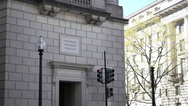 Internal Revenue Service on front of headquarters building in Washington, DC.