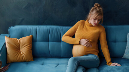 Pregnant young woman holding her belly, sitting on a sofa in the living room. Mother in pregnancy, abdomen cramp pain, prenatal lady discomfort, expecting a baby, lady trimester, copy space