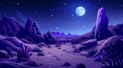 Night landscape modern illustration of a desert road in Arizona. Canyon scene with rocks near the highway in a sand valley. Africa dry nature scenery with boulder formations, hill scenery. - obrazy, fototapety, plakaty