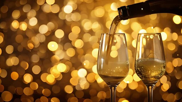 Bottle of white wine poured into glass on golden background.