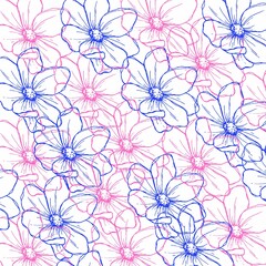 Flower sketch in pink and blue pattern, Floral seamless pattern flower portrait, anemone background. Flower seamless pattern for greeting card, holiday, wedding, birthday, textile, wallpaper, wrapping