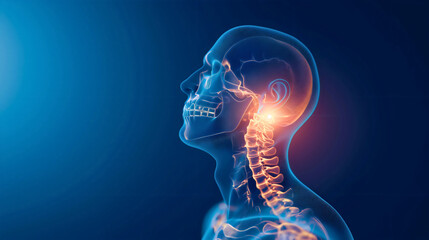 Blue 3d x-ray anatomy of a man with neck pain or injury problem. Sore spine back medical health problem, tension and inflammation concept, suffering from arthritis, copy space - obrazy, fototapety, plakaty