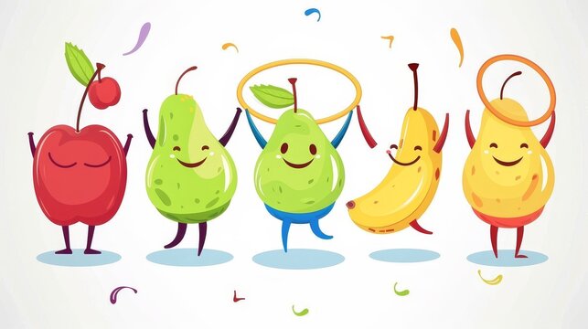 Exercise modern illustration featuring cute fruit characters. Yoga exercise icon set featuring hula hoop, pilates plum, stretch cherry, and avocado pear.