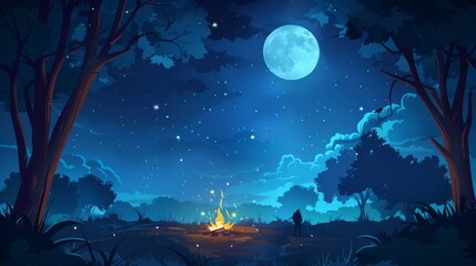 Modern landscape illustration of a man lost alone in paradise valley with full moon and star in dark sky.