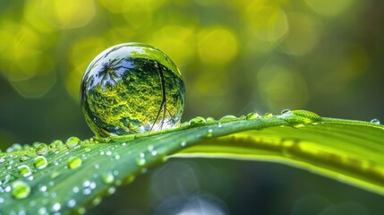Macro Reflection of the Jungle in a Water Droplet on a Tropical Leaf - obrazy, fototapety, plakaty