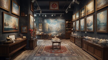 An intimate view of a boutique art gallery filled with impressionist paintings and small, exquisite sculptures.