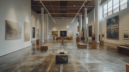 Capture a modern art gallery setting with minimalist design, showcasing abstract paintings and contemporary sculptures.