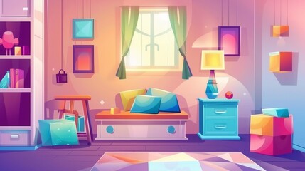 Typical girl child bedroom design featuring furniture, toys, and a drawer. Cute empty toddler nursery apartment layout with pillow, cubes, and a lamp.