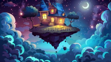 The fairytale cottage with lights in the windows flies in the sky, surrounded by stars and fluffy clouds, as the house floats in the night sky.